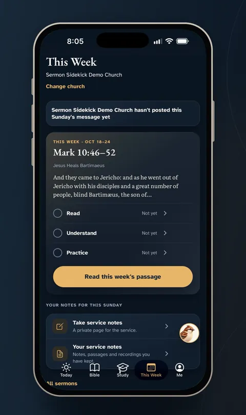 The This Week screen, with the week's sermon passage from Mark 10 and steps to read, understand, and practice it